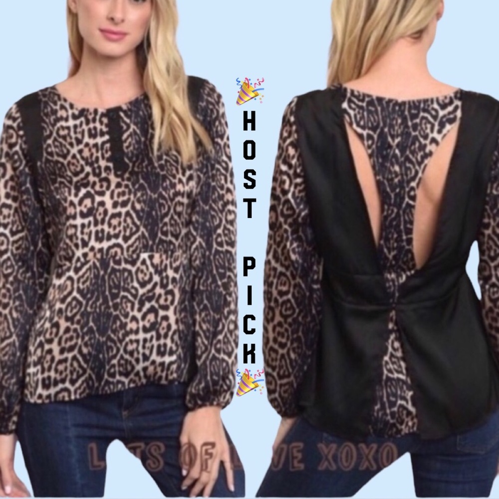 ❌DONATED❌Black Brown Cheetah Print Open Back Detailed Top - Picture 1 of 9
